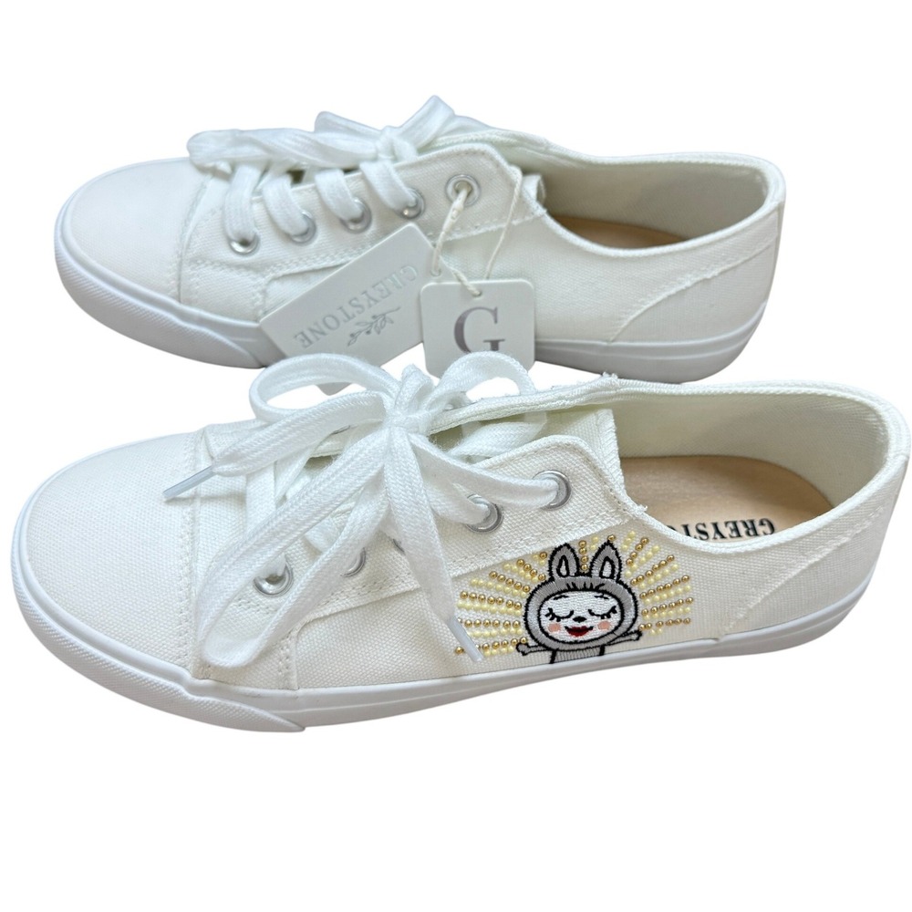 Greystone Blakely White Canvas Bunny Embroidered Sneakers Beaded Lace Up 8.5